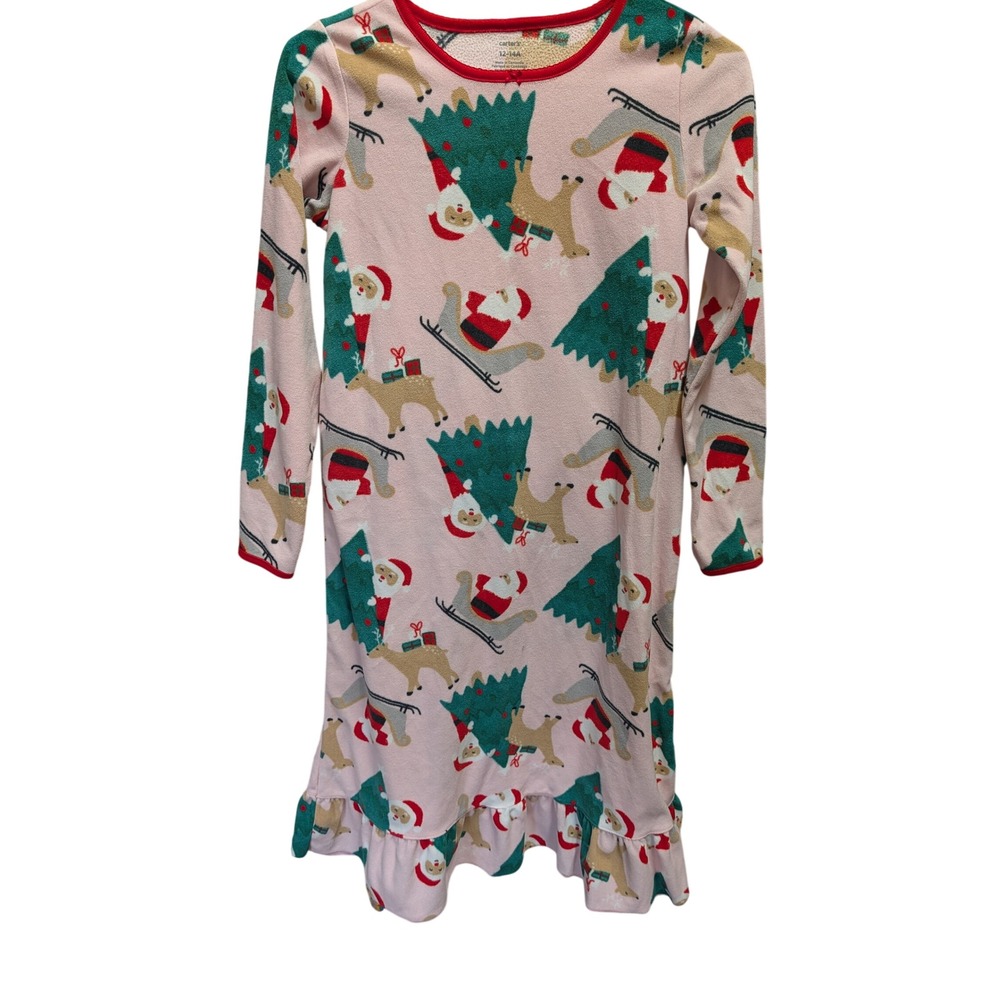 Carters Nightgown Kids 12-14A Pink Excellent Christmas Santa Fleece Ruffle Hem